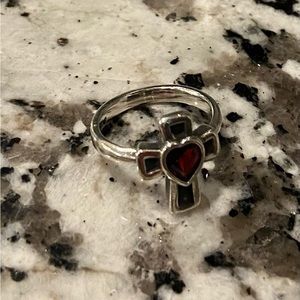 Retired James Avery Sterling Silver Cross with Garnet Heart Ring - Size 7